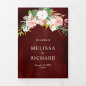 Blush Pink Floral Magnolia Cotton Burgundy Weddens Drieluik Uitnodiging (Cover)