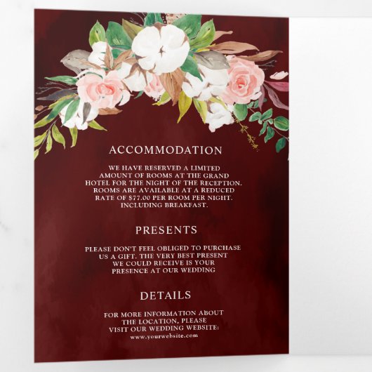 Blush Pink Floral Magnolia Cotton Burgundy Weddens Drieluik Uitnodiging (Binnenzijde eerst)