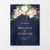 Blush Pink Floral Magnolia Cotton Navy Weddenschap Drieluik Uitnodiging (Cover)