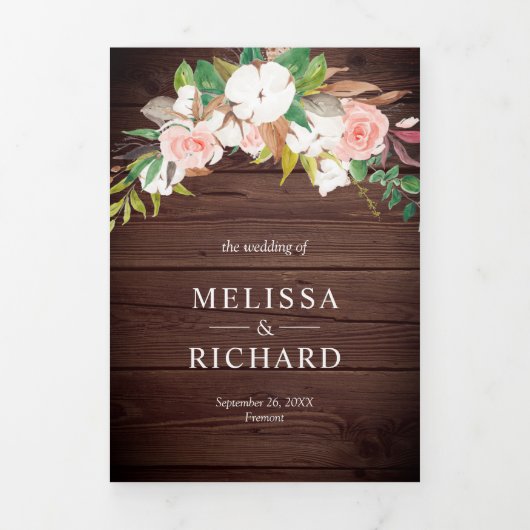 Blush Pink Floral Magnolia Cotton Wood Weddenschap Drieluik Uitnodiging (Cover)