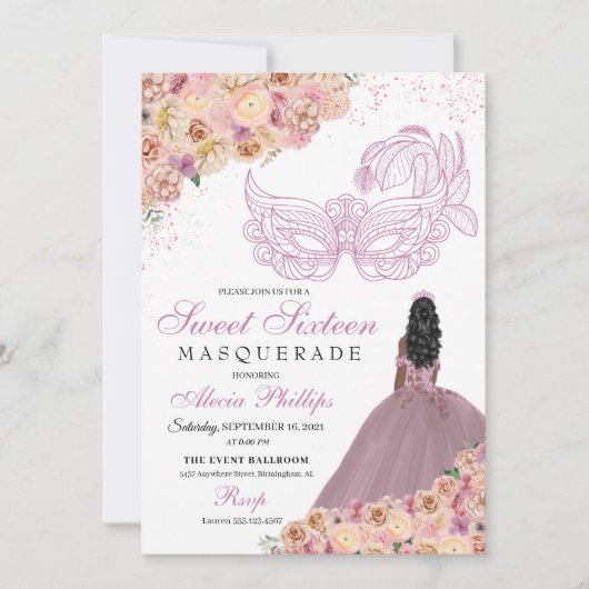 Blush Pink Floral Masquerade Birthday Kaart (Voorkant)