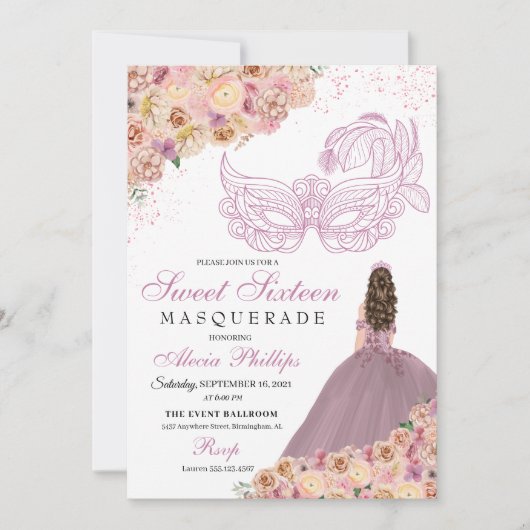 Blush Pink Floral Masquerade Birthday Kaart (Voorkant)