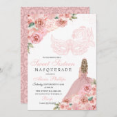 Blush Pink Floral Masquerade Sweet 16 Uitnodiging (Voorkant / Achterkant)