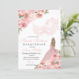 Blush Pink Floral Masquerade Sweet 16 Uitnodiging