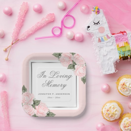 Blush Pink Floral Memorial Funeral Papieren Bordje (Feest)