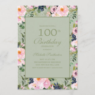 Blush Pink Floral Mint Green 100th Birthday Kaart