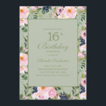 Blush Pink Floral Mint Green 16th Birthday Kaart<br><div class="desc">Prachtige en elegante zwarte roze en blauw marineslauw waterverf op de groene 16e verjaardag uitnodiging voor tieners Contact met ons opnemen voor hulp bij het aanpassen of aanpassen van producten</div>