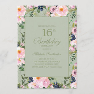 Blush Pink Floral Mint Green 16th Birthday Kaart