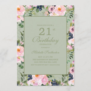 Blush Pink Floral Mint Green 21st Birthday Kaart