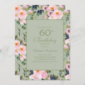 Blush Pink Floral Mint Green 60th Birthday Kaart (Voorkant / Achterkant)