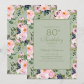 Blush Pink Floral Mint Green 80th Birthday Kaart (Voorkant / Achterkant)