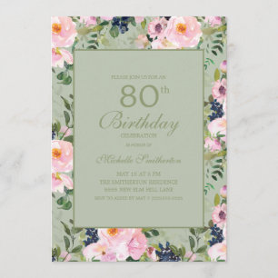 Blush Pink Floral Mint Green 80th Birthday Kaart