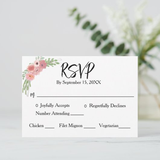 Blush Pink Floral Modern Script Weddenschap RSVP Kaartje (Staand voorkant)