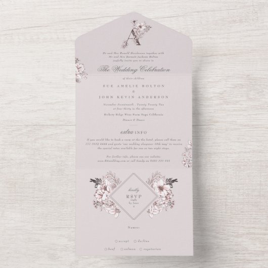 Blush Pink Floral Monogram Classic Elegant Wedding All In One Uitnodiging (Binnen)