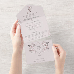 Blush Pink Floral Monogram Classic Elegant Wedding All In One Uitnodiging