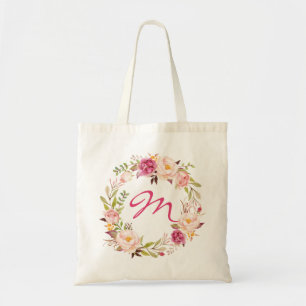 Blush Pink Floral & Monogram Tote Bag