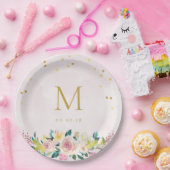 Blush Pink Floral Monogram Vrijgezellenfeest Papieren Bordje (Feest)