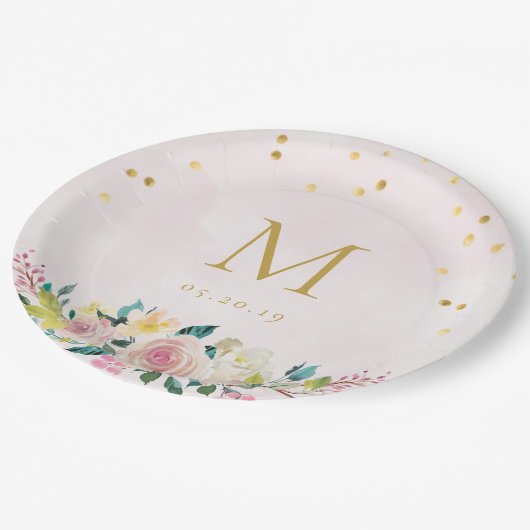 Blush Pink Floral Monogram Vrijgezellenfeest Papieren Bordje (Gekanteld)