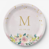 Blush Pink Floral Monogram Vrijgezellenfeest Papieren Bordje (Voorkant)