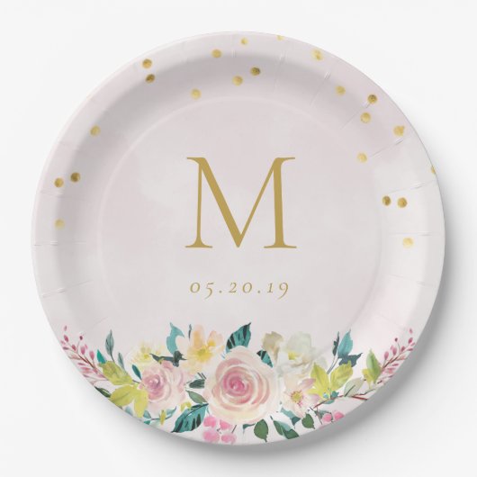 Blush Pink Floral Monogram Vrijgezellenfeest Papieren Bordje (Voorkant)