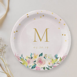 Blush Pink Floral Monogram Vrijgezellenfeest Papieren Bordje