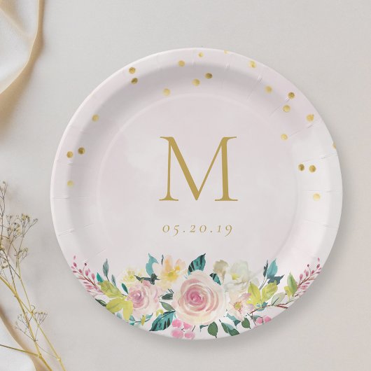 Blush Pink Floral Monogram Vrijgezellenfeest Papieren Bordje