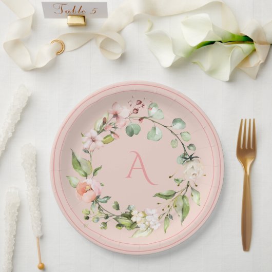 Blush Pink Floral Monogram Weddenschap Legant Pape Papieren Bordje (Huwelijk)