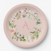 Blush Pink Floral Monogram Weddenschap Legant Pape Papieren Bordje (Voorkant)