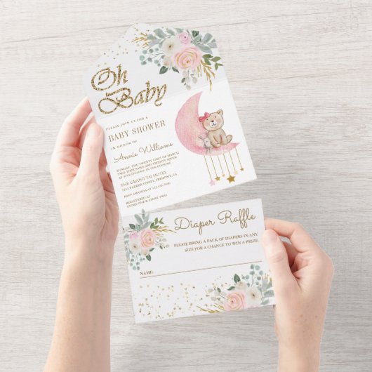 Blush Pink Floral Moon Cute Teddy Bear Baby shower All In One Uitnodiging (Afscheurbaar)