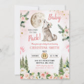 Blush Pink Floral Moon Forest Wolf Baby shower Kaart (Voorkant)