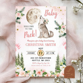 Blush Pink Floral Moon Forest Wolf Baby shower Kaart
