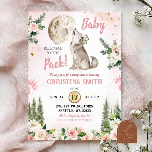 Blush Pink Floral Moon Forest Wolf Baby shower Kaart