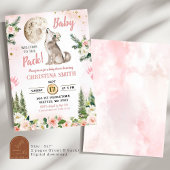 Blush Pink Floral Moon Forest Wolf Baby shower Kaart