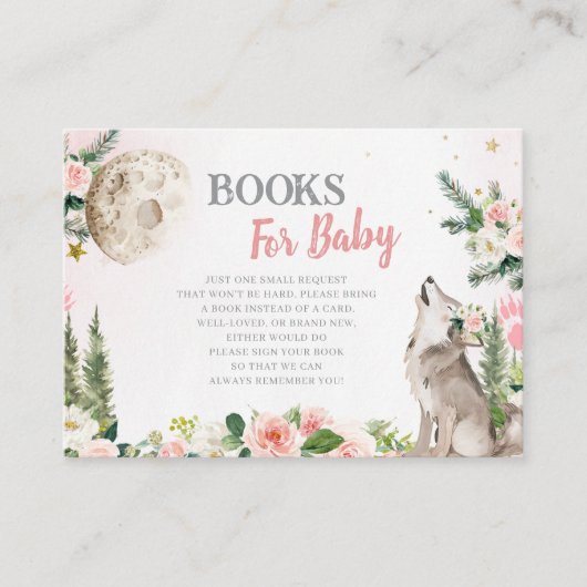 Blush Pink Floral Moon Forest Wolf Books for Baby Informatiekaartje (Voorkant)