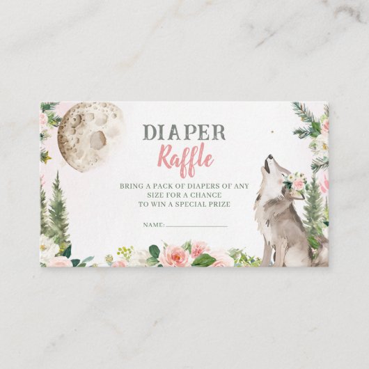 Blush Pink Floral Moon Forest Wolf Diaper Raffle Informatiekaartje (Voorkant)
