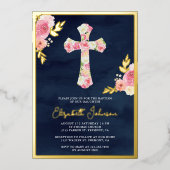 Blush Pink Floral Navy Blue Baptism Gold Foil Folie Uitnodiging (Voorkant)