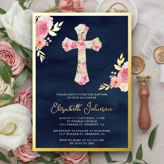 Blush Pink Floral Navy Blue Baptism Gold Foil Folie Uitnodiging