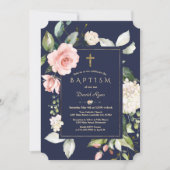 Blush Pink Floral Navy Blue Gold Cross Baptisme Kaart (Voorkant)