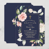 Blush Pink Floral Navy Blue Gold Cross Baptisme Kaart (Voorkant / Achterkant)