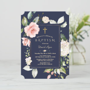 Blush Pink Floral Navy Blue Gold Cross Baptisme Kaart