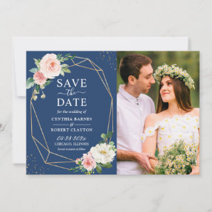 Blush Pink Floral Navy Blue Modern Geometric Foto Save The Date
