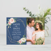 Blush Pink Floral Navy Blue Modern Geometric Foto Save The Date (Staand voorkant)