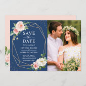 Blush Pink Floral Navy Blue Modern Geometric Foto Save The Date (Voorkant / Achterkant)