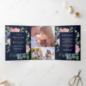Blush Pink Floral Navy Blue Photo Collage Weddensc Drieluik Uitnodiging (Binnen)