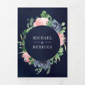 Blush Pink Floral Navy Blue Photo Collage Weddensc Drieluik Uitnodiging (Cover)