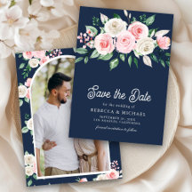 Blush Pink Floral Navy Blue Photo Wedding