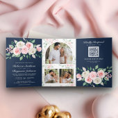 Blush Pink Floral Navy Blue QR Code Weddenschap Drieluik Uitnodiging