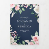 Blush Pink Floral Navy Blue QR Code Weddenschap Drieluik Uitnodiging (Cover)