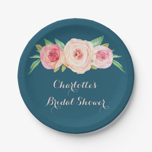 Blush Pink Floral Navy Blue Vrijgezellenfeest Bord (Voorkant)