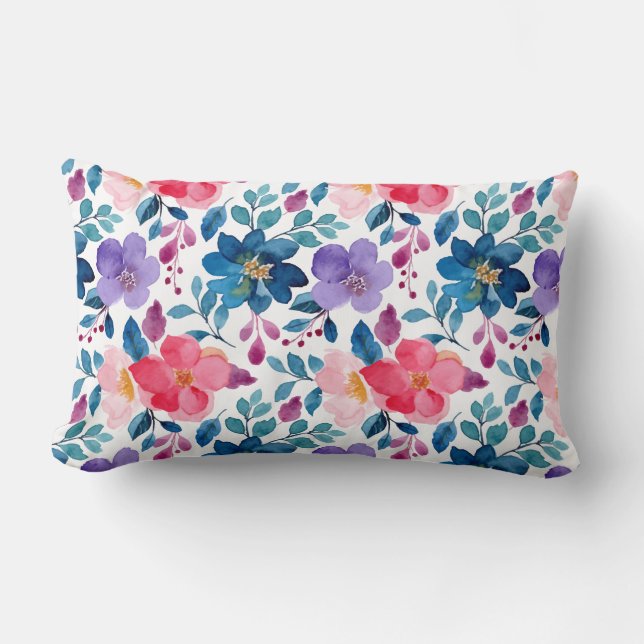 Blush Pink Floral  Navy Blue Waterverf Kussen (Voorkant)